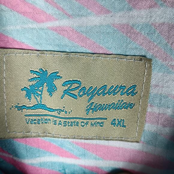 Royaura Hawaiian Shirt Mens 4XL Blue Pink Palm Leaf Aloha Vacation Button Up - Picture 2 of 9